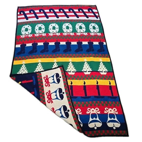 Vtg Christmas Blanket San Marcos Reversible Festive Holiday Cozy Cabin 55"x83" - Picture 3 of 5